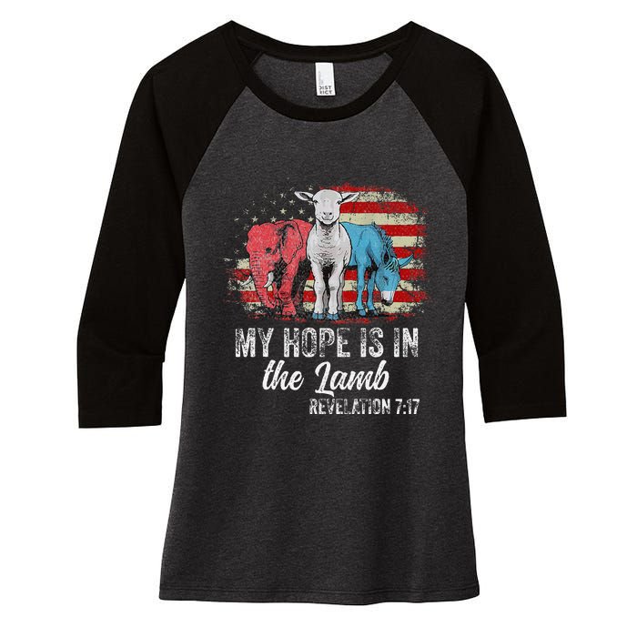 My Hope Is In The Lamb Funny Scripture Elephant Donkey Us Women's Tri-Blend 3/4-Sleeve Raglan Shirt