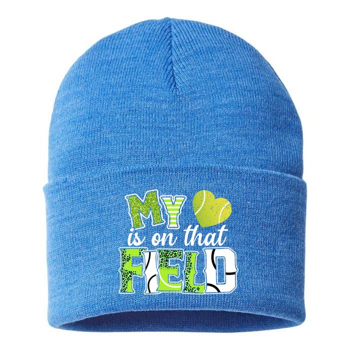 My Heart Is On That Field Tennis Leopard Tennis Mom Gift Sustainable Knit Beanie