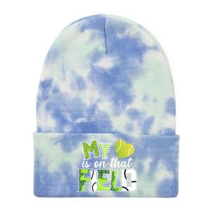 My Heart Is On That Field Tennis Leopard Tennis Mom Gift Tie Dye 12in Knit Beanie