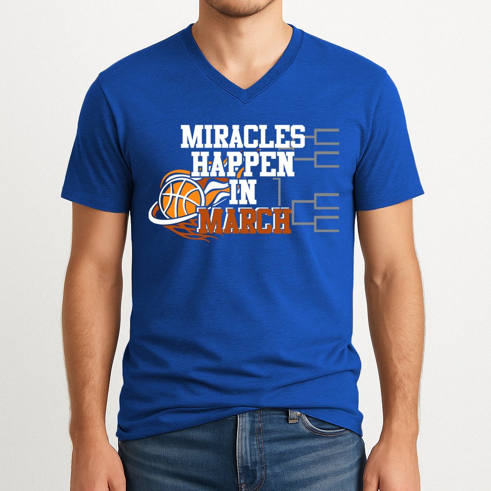 Miracles Happen In March Basketball Madness Brackets Gift V-Neck T-Shirt