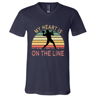 My Heart Is On The Line Football Offense Retro Design V-Neck T-Shirt