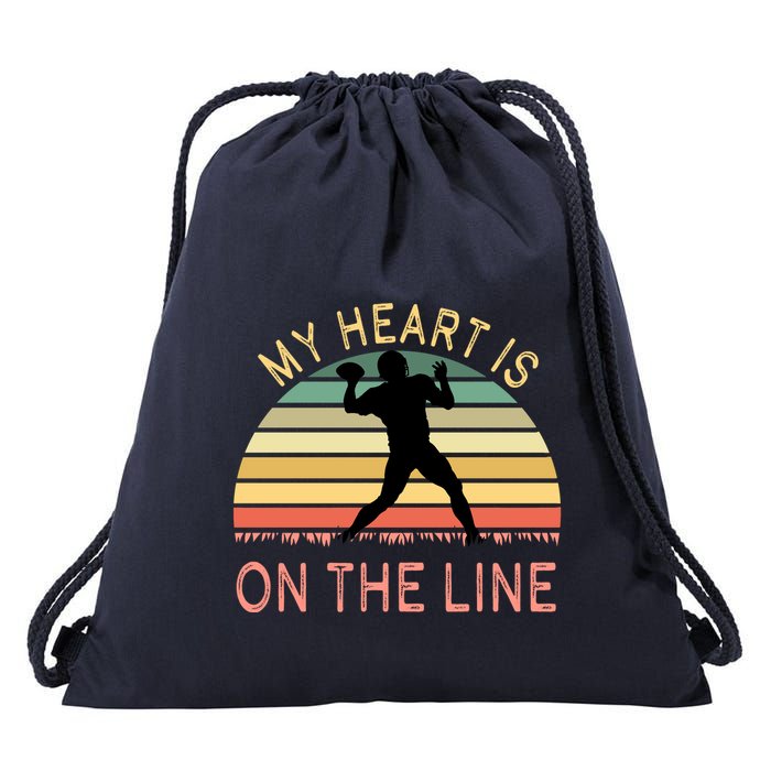 My Heart Is On The Line Football Offense Retro Design Drawstring Bag