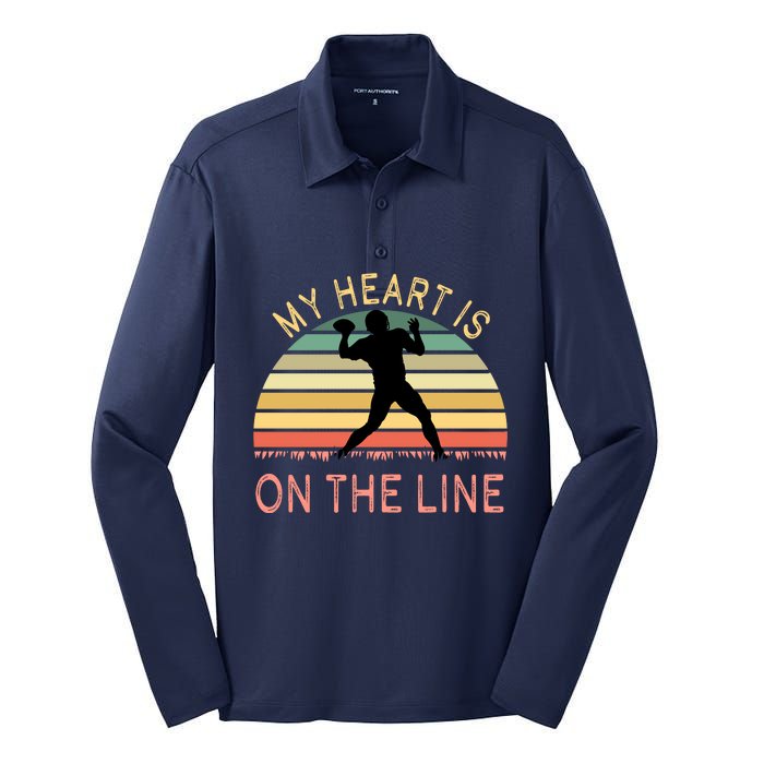 My Heart Is On The Line Football Offense Retro Design Silk Touch Performance Long Sleeve Polo