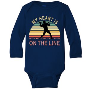 My Heart Is On The Line Football Offense Retro Design Baby Long Sleeve Bodysuit