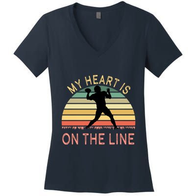 My Heart Is On The Line Football Offense Retro Design Women's V-Neck T-Shirt