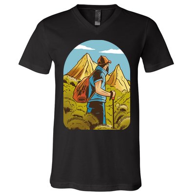 Man Hiking In The Mountains V-Neck T-Shirt