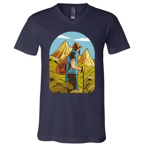 Man Hiking In The Mountains V-Neck T-Shirt