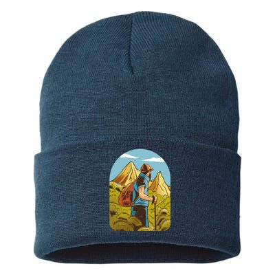 Man Hiking In The Mountains Sustainable Knit Beanie