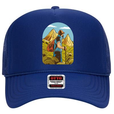 Man Hiking In The Mountains High Crown Mesh Back Trucker Hat