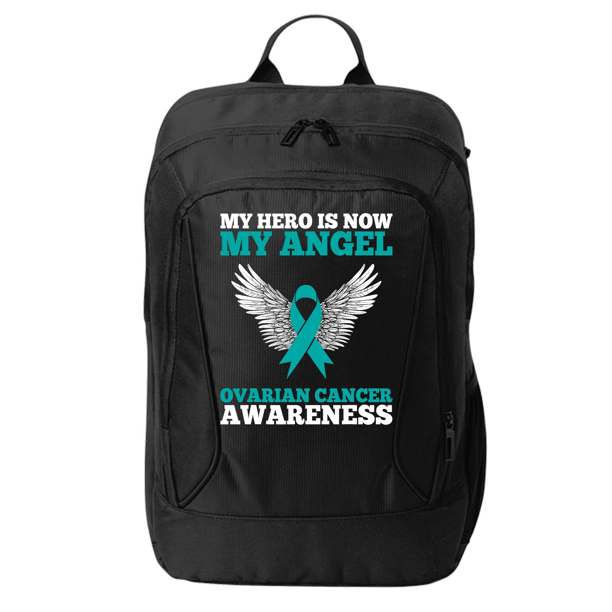 My Hero Is Now My Angel Ovarian Cancer Awareness Teal Ribbon City Backpack
