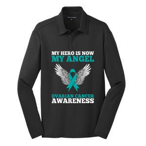 My Hero Is Now My Angel Ovarian Cancer Awareness Teal Ribbon Silk Touch Performance Long Sleeve Polo