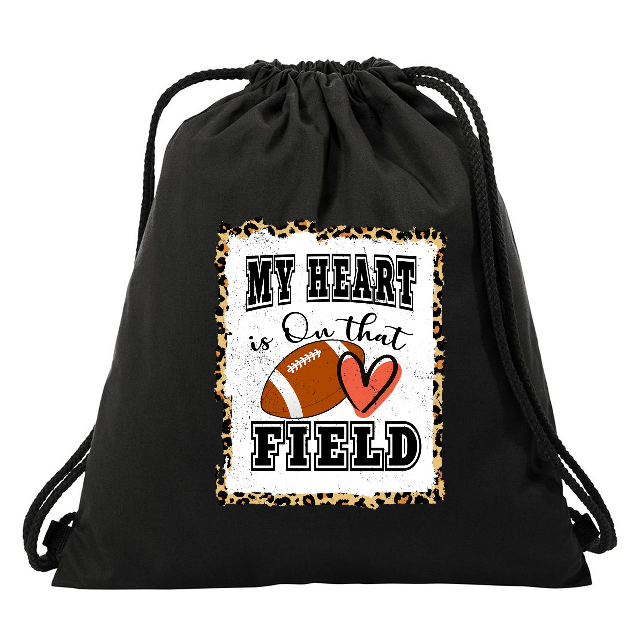 My Heart Is On The Field Cute Leppard Football Mom Drawstring Bag