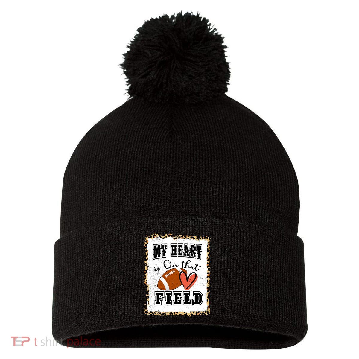 My Heart Is On The Field Cute Leppard Football Mom Pom Pom 12in Knit Beanie