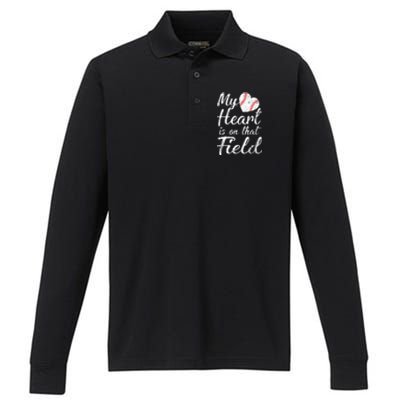 My Heart is on That Field Tee Baseball Softball Mom Gifts Performance Long Sleeve Polo