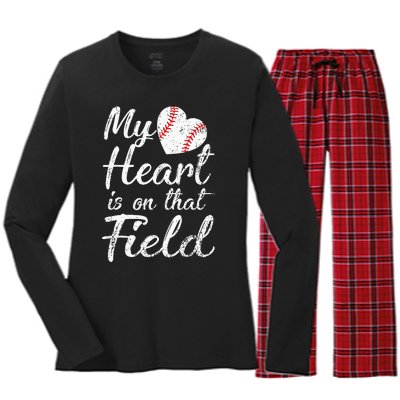 My Heart is on That Field Tee Baseball Softball Mom Gifts Women's Long Sleeve Flannel Pajama Set 