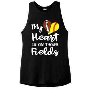 My Heart Is On Those Fields Football Softball Player Mom Gift Ladies PosiCharge Tri-Blend Wicking Tank