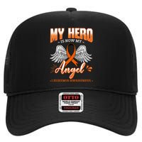 My Hero Is Now My Angel Leukemia Bone Marrow Hematologists High Crown Mesh Back Trucker Hat