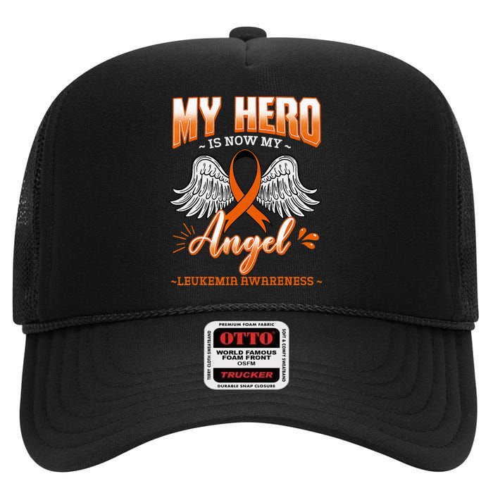 My Hero Is Now My Angel Leukemia Bone Marrow Hematologists High Crown Mesh Back Trucker Hat