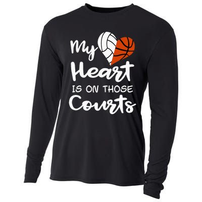 My Heart Is On Those Courts Volleyball Basketball Player Mom Cooling Performance Long Sleeve Crew