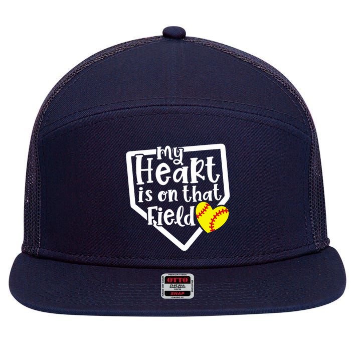 My Heart Is On That Field Softball Mom Cute Funny 7 Panel Mesh Trucker Snapback Hat