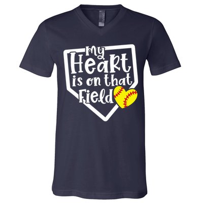 My Heart Is On That Field Softball Mom Cute Funny V-Neck T-Shirt
