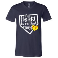 My Heart Is On That Field Softball Mom Cute Funny V-Neck T-Shirt