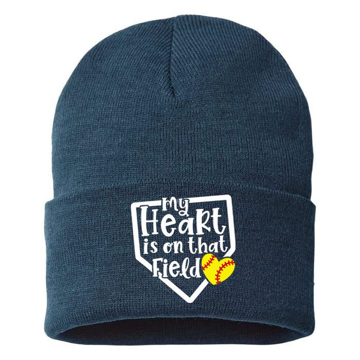 My Heart Is On That Field Softball Mom Cute Funny Sustainable Knit Beanie