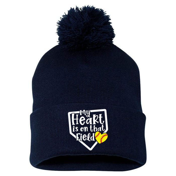 My Heart Is On That Field Softball Mom Cute Funny Pom Pom 12in Knit Beanie