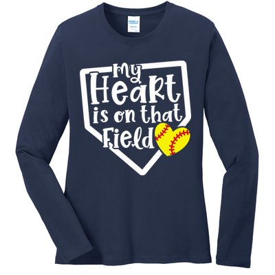 My Heart Is On That Field Softball Mom Cute Funny Ladies Long Sleeve Shirt