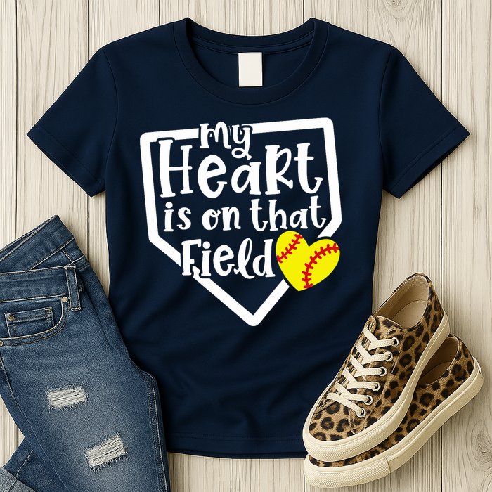 My Heart Is On That Field Softball Mom Cute Funny Womens T-Shirt