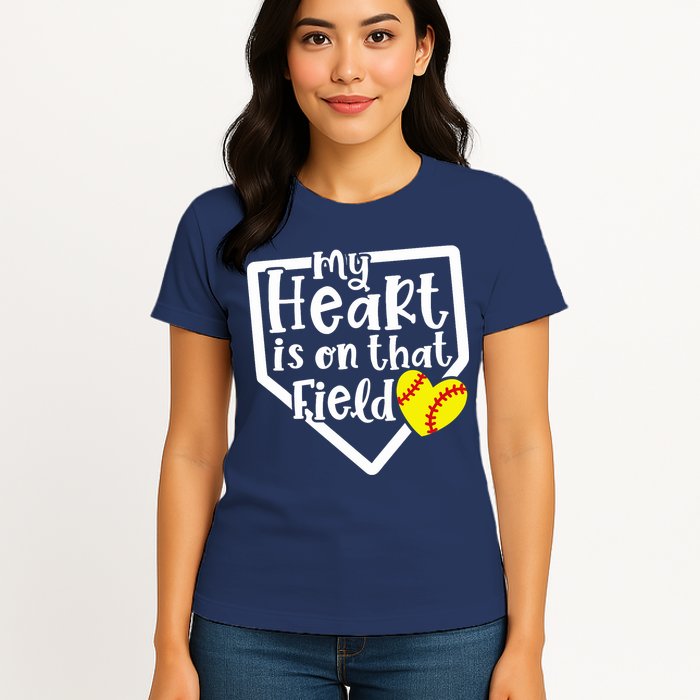 My Heart Is On That Field Softball Mom Cute Funny Womens T-Shirt