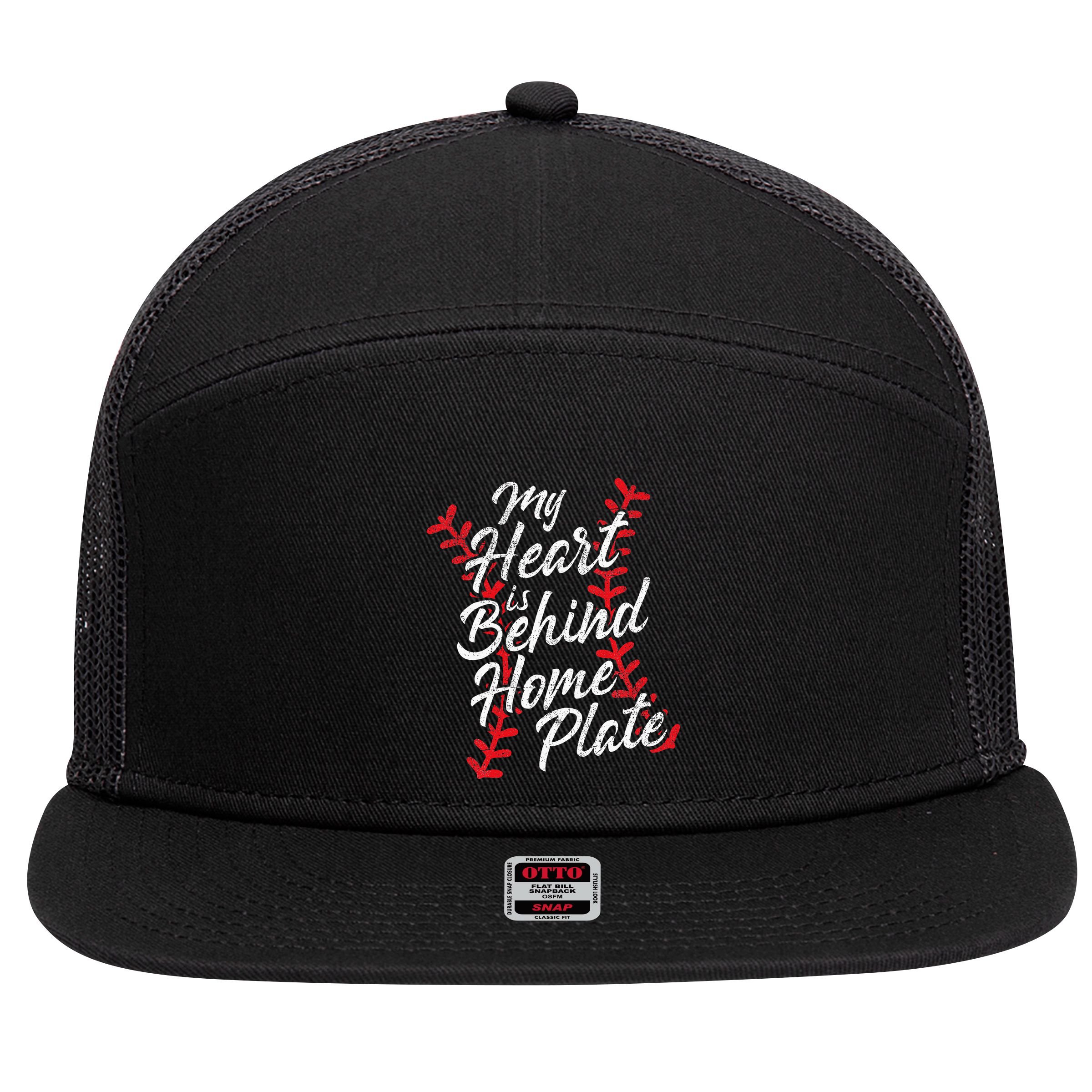 My Heart Is Behind Home Plate Baseball Laces Catcher Cute 7 Panel Mesh Trucker Snapback Hat