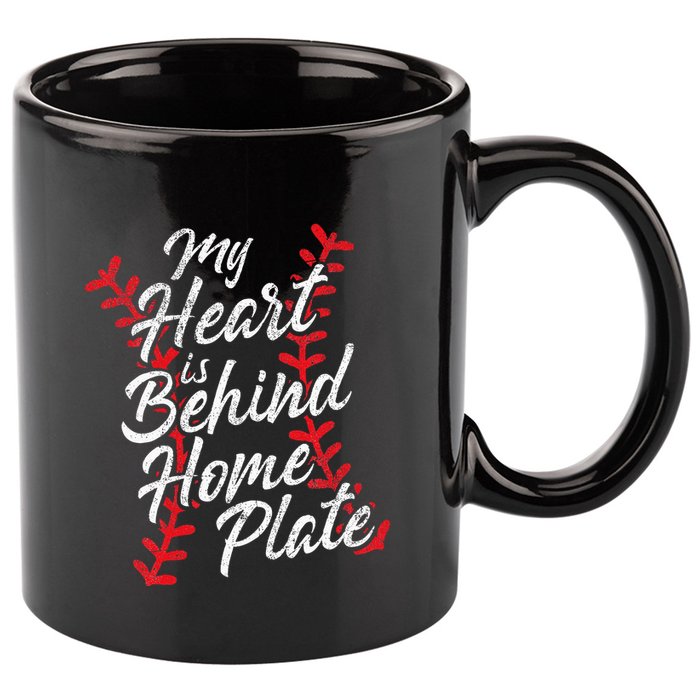 My Heart Is Behind Home Plate Baseball Laces Catcher Cute 11oz C Handle Ceramic Mug