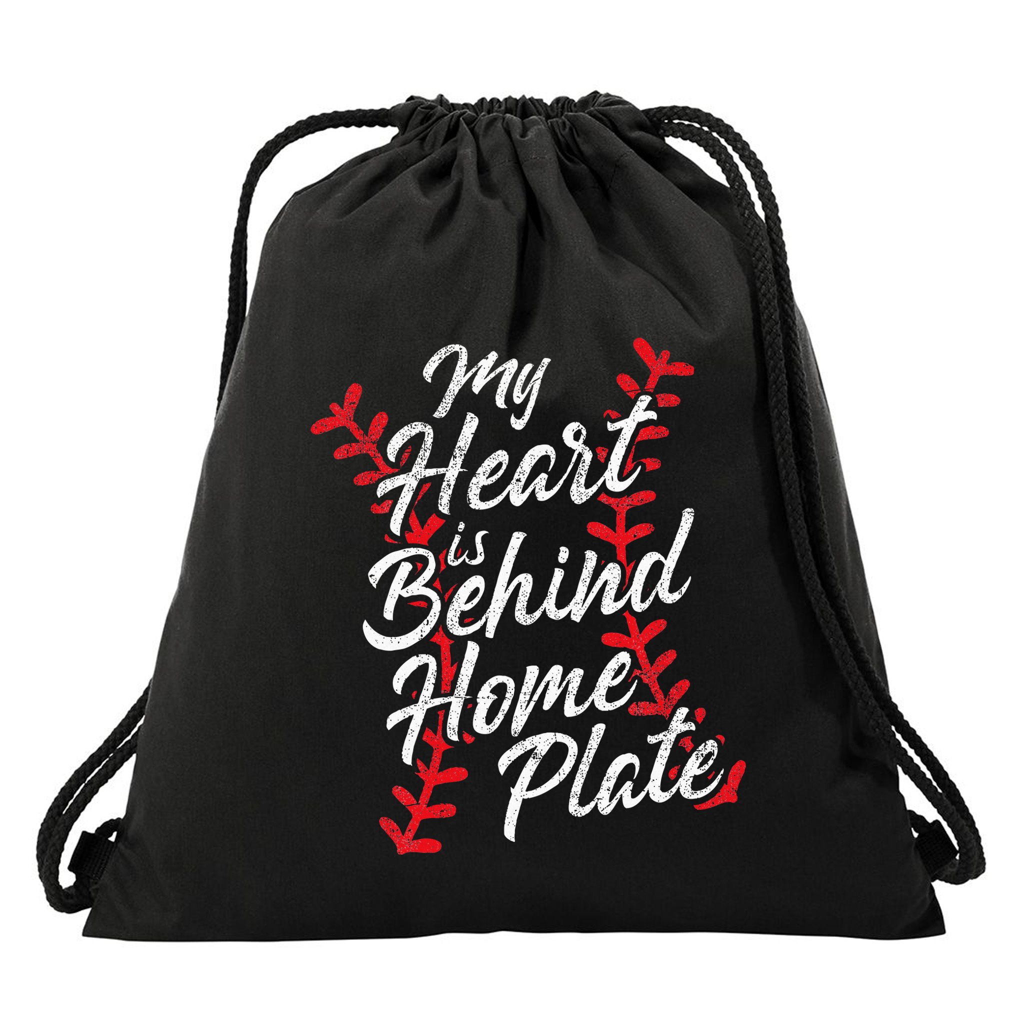 My Heart Is Behind Home Plate Baseball Laces Catcher Cute Drawstring Bag