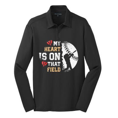 My Heart Is On That Field Baseball Mom funny players Silk Touch Performance Long Sleeve Polo