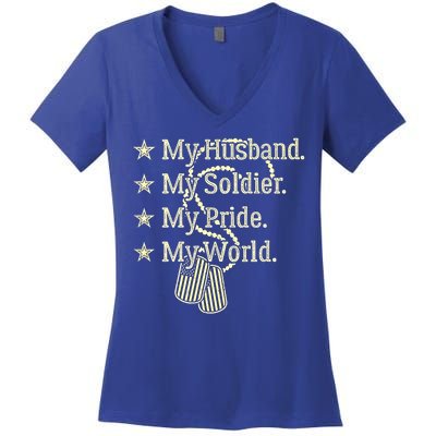 My Husband Is A Soldier Hero Proud Military Wife Army Spouse Funny Gift Women's V-Neck T-Shirt