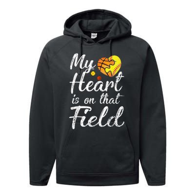 My Heart is on That Field Tee Basketball Softball Mom Gifts Performance Fleece Hoodie