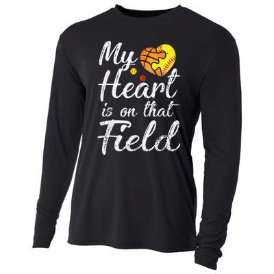 My Heart is on That Field Tee Basketball Softball Mom Gifts Cooling Performance Long Sleeve Crew