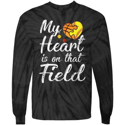 My Heart is on That Field Tee Basketball Softball Mom Gifts Tie-Dye Long Sleeve Shirt