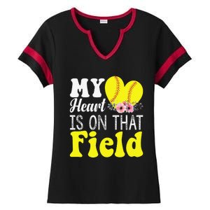 My Heart is on That Field Baseball Tee Softball Mom Gifts Ladies Halftime Notch Neck Tee