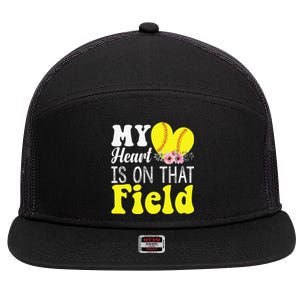 My Heart is on That Field Baseball Tee Softball Mom Gifts 7 Panel Mesh Trucker Snapback Hat