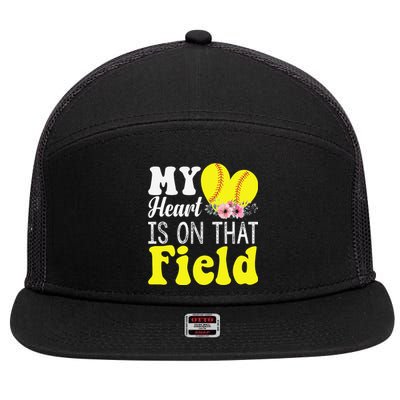 My Heart is on That Field Baseball Tee Softball Mom Gifts 7 Panel Mesh Trucker Snapback Hat