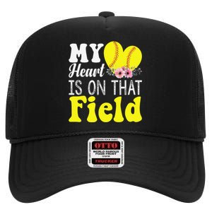 My Heart is on That Field Baseball Tee Softball Mom Gifts High Crown Mesh Back Trucker Hat