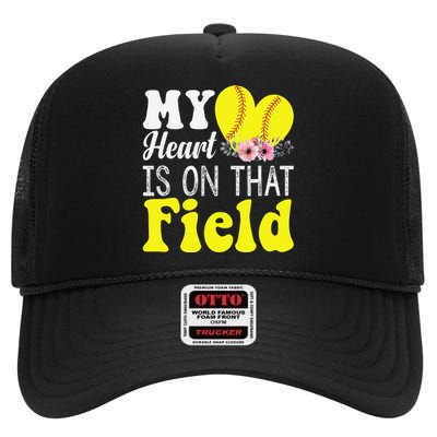 My Heart is on That Field Baseball Tee Softball Mom Gifts High Crown Mesh Back Trucker Hat