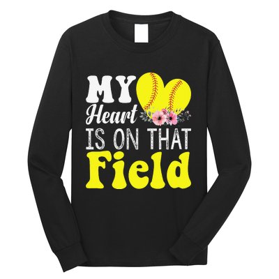 My Heart is on That Field Baseball Tee Softball Mom Gifts Long Sleeve Shirt