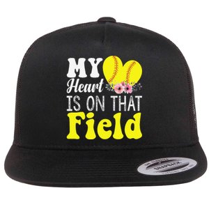 My Heart is on That Field Baseball Tee Softball Mom Gifts Flat Bill Trucker Hat