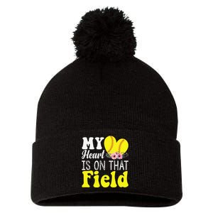 My Heart is on That Field Baseball Tee Softball Mom Gifts Pom Pom 12in Knit Beanie