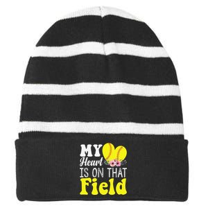 My Heart is on That Field Baseball Tee Softball Mom Gifts Striped Beanie with Solid Band