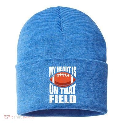 My Heart Is On That Field American Football Mom Dad Meaningful Gift Sustainable Knit Beanie