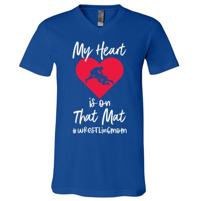 My Heart Is On That Mat Wrestling Wrestler College Mom Gift V-Neck T-Shirt